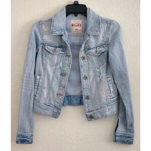 Mudd Women’s Denim Jacket XS Light Wash Distressed Cropped Button Front Cotton